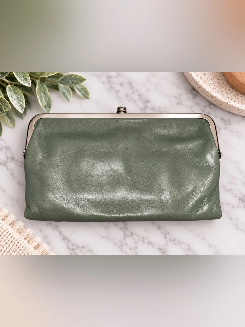 HOBO Lauren Sage Green Leather Double-Frame Clutch Wallet